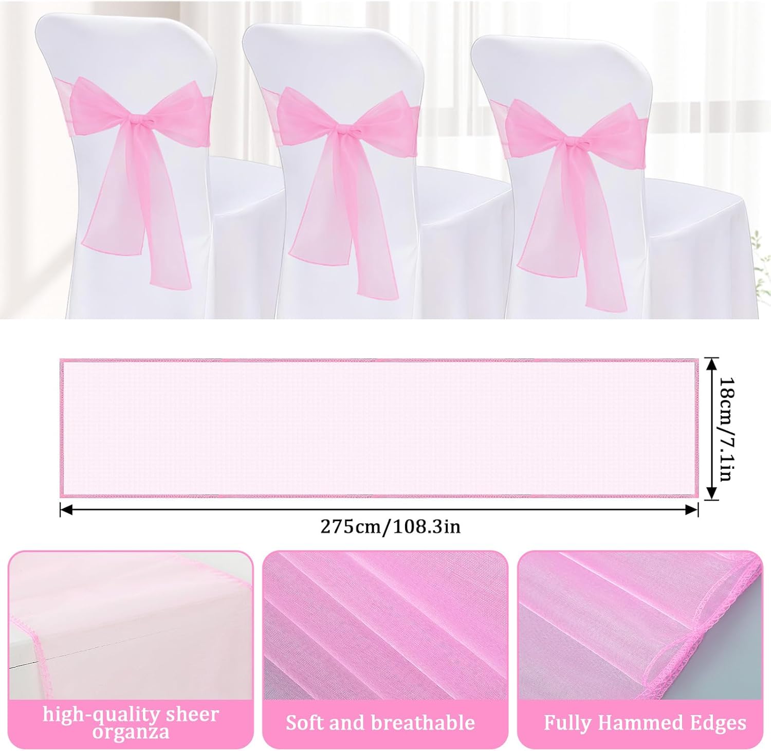 Skiennix 10PCS Pink Chair Sashes - Elegant Organza Ribbon Ties for Wedding & Party Decor