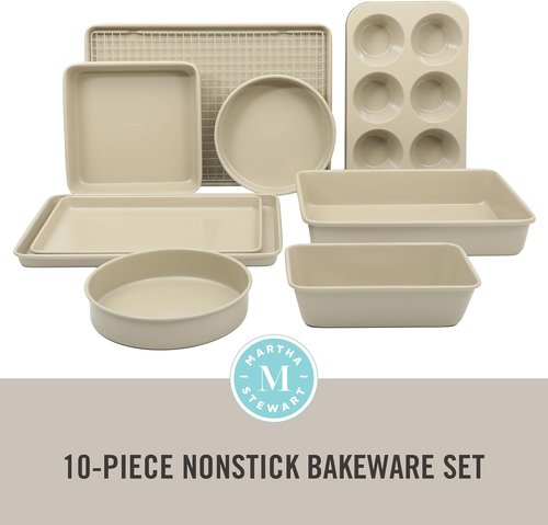 Martha Stewart Gallen 10-Piece Non-Stick Bakeware Set | Ceramic, PFA-Free & Non-Toxic - Taupe