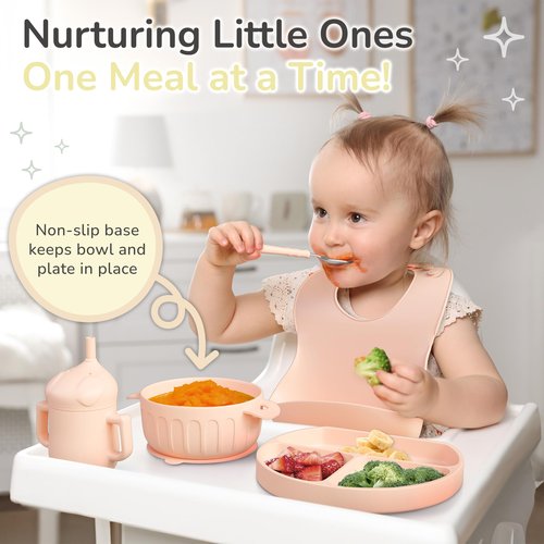 mimi & kiki BPA-Free Silicone Baby Feeding Set, Baby Plates and Bowls Set, Baby Led Weaning Supplies, Silicone Suction Plate, Baby Utensils, Bib and Cup, Self Feeding, Dishwasher Safe (Light Pink)