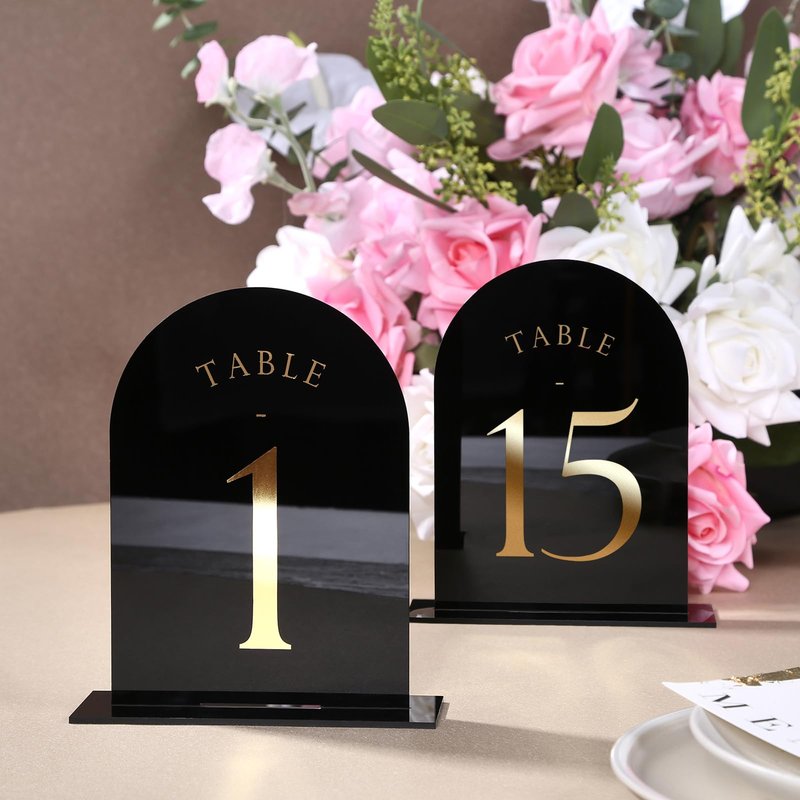 UNIQOOO White Arch Wedding Table Numbers with Stands 1-20, Gold Foil Printed 5x7 Double sided Acrylic Signs and Holders, Perfect for Centerpiece, Reception, Decoration, Party, Anniversary, Event