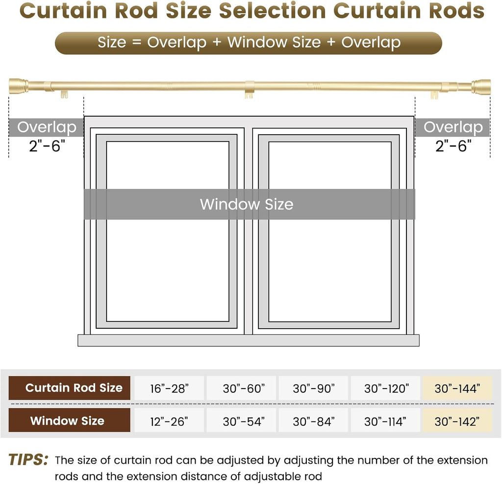 Skiennix Adjustable Curtain Rod - Heavy Duty 1” Diameter, 30 to 144 Inch, Gold Finish for Windows