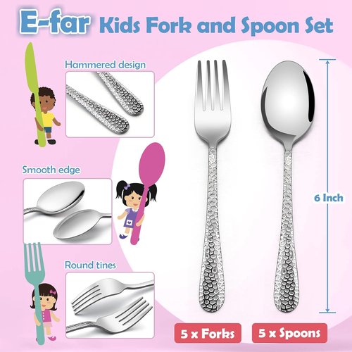 E-far Toddler Utensils Set - 10-Piece Stainless Steel Forks & Spoons | Safe, Non-Toxic Silverware for Self-Feeding