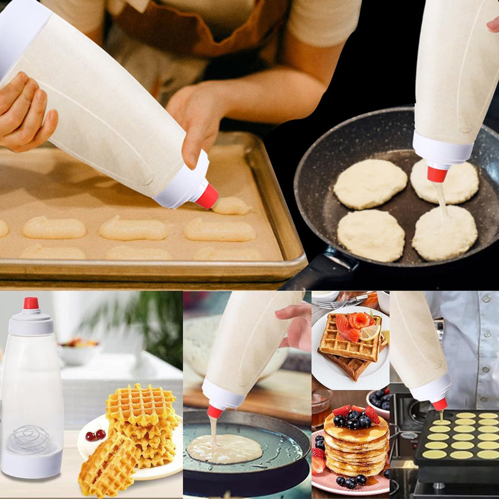 Effortless Pancake Batter Dispenser | 1000ML Squeeze Shaker with Mixing Ball & Wire Whisk | No Lump, Non Stick | Ideal for Crepes, Waffles & Baking