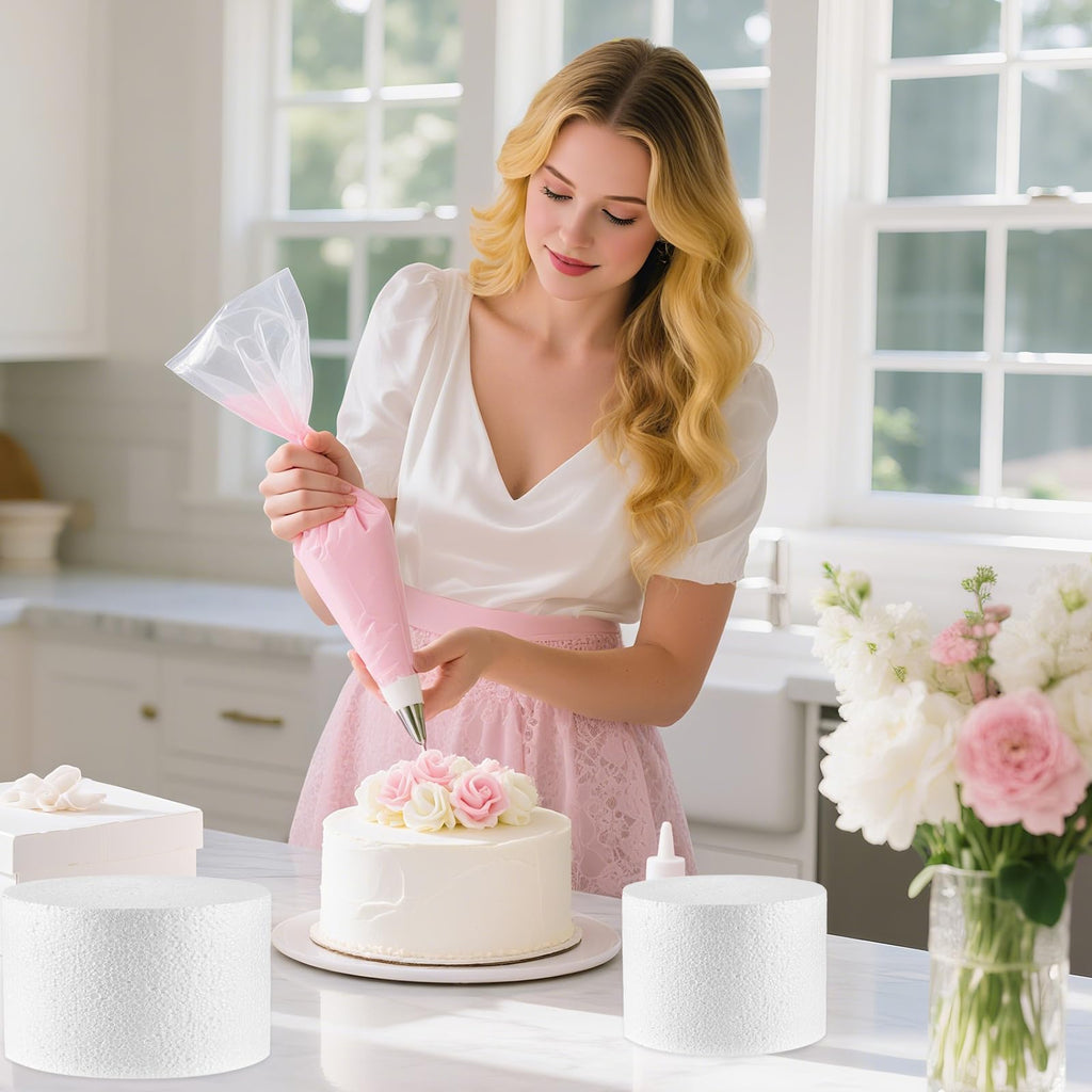 4 Tiers Foam Cake Dummies Set 4" 6" 8" 10", PLULON White Round Practice Cake Dummy 12 Inch Tall with Artificial Roses and Ribbons for Wedding Baby Shower Birthday Anniversary Christmas Party Supplies