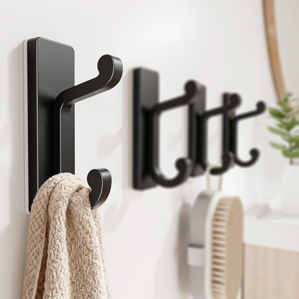 Self Adhesive Wall Hooks - Black Sticky Hangers | Holds 13Lbs for Clothes, Towels & Keys - 4 Pack