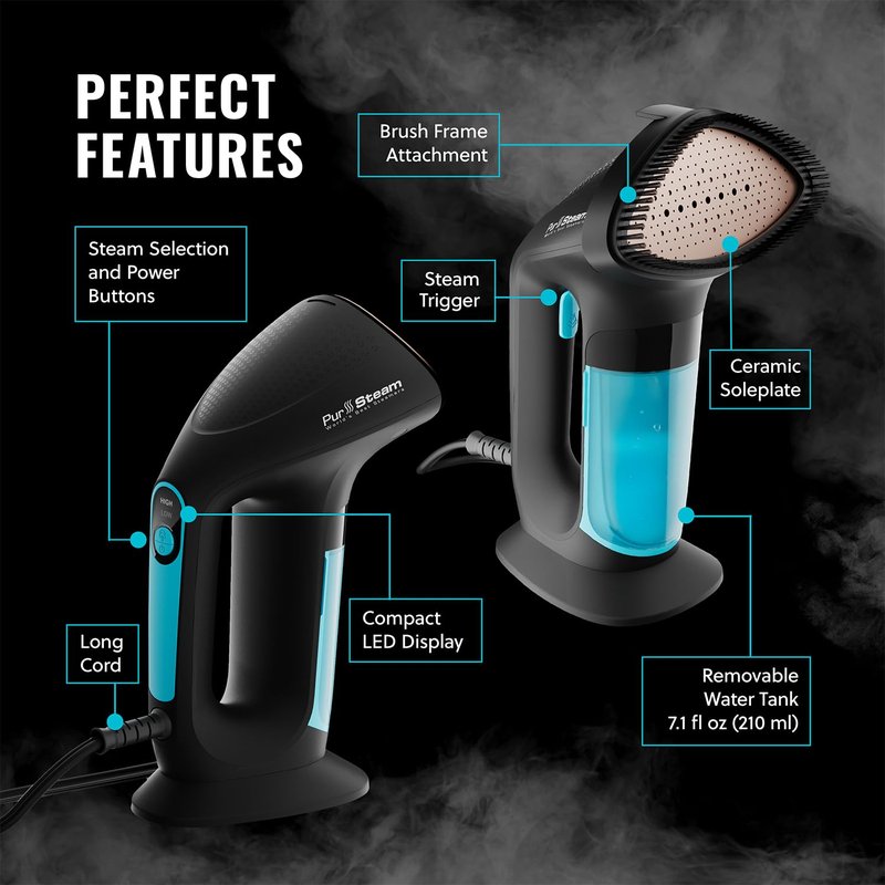 PurSteam SteamPulse Pro Handheld Steamer for Clothes, Portable Handheld Fabric and Garment Travel Steamer Iron Press Wrinkle Remover with Fabric Brush