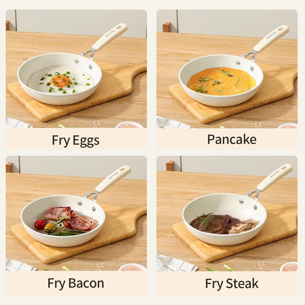 MAXCOOK Mini Nonstick Egg Pan, 6.3 Inch Omelet Pan, Small Single Serve Egg Nonstick Skillet, Medical Stone Coating Cookware with Heat-Resistant Handle (16 cm, White)