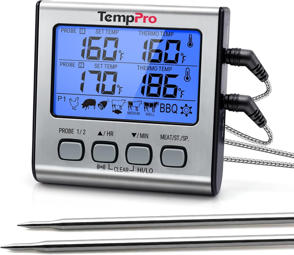 TempPro TP17 Dual Probe Digital Meat Thermometer - Large LCD Backlight & Timer Mode for BBQ, Silver