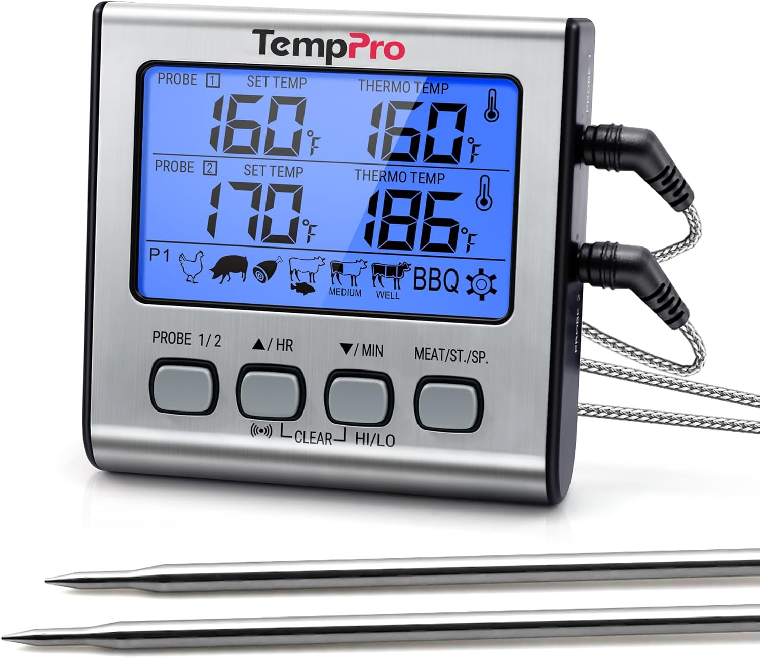 TempPro TP17 Dual Probe Digital Meat Thermometer - Large LCD Backlight & Timer Mode for BBQ, Silver