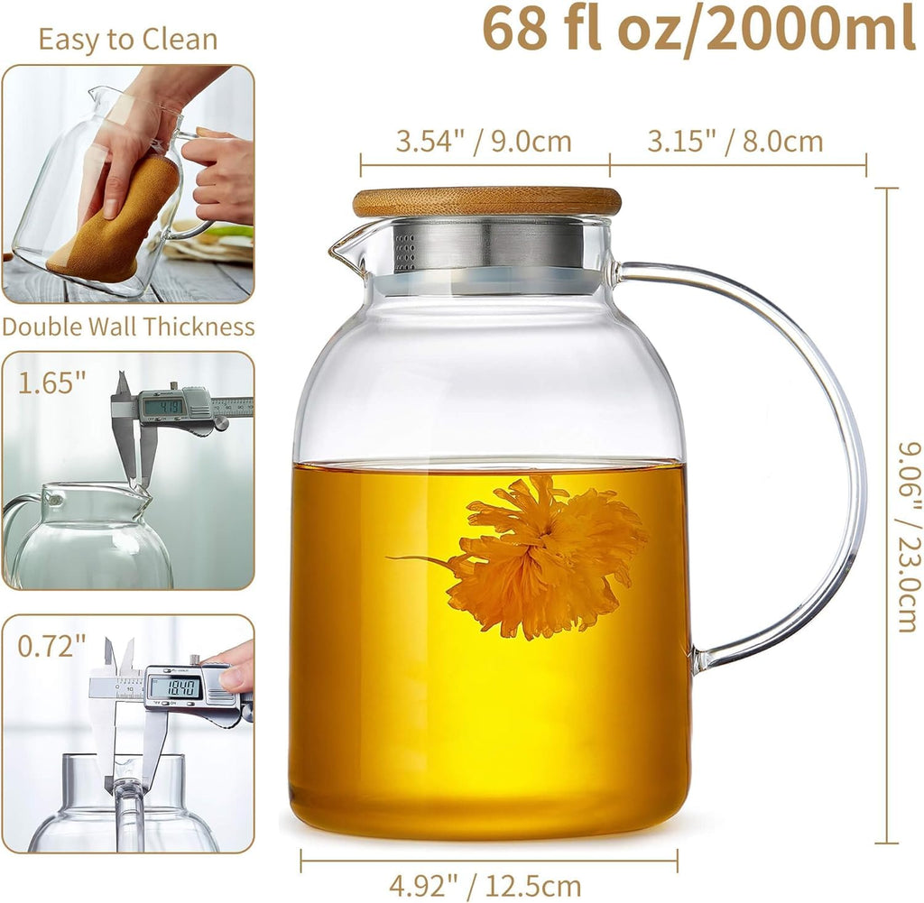 Large Glass Teapot with Infuser, Stovetop Safe, Thickened Heat Resistant Borosilicate Glass, 68 fl oz Glass Tea Kettle with Bamboo Lid