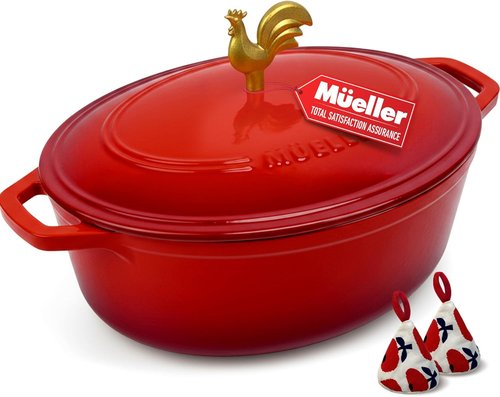 MUELLER HOME Enameled Cast Iron Dutch Oven - 5.5 Quart with Rooster Knob & Cotton Potholders, Red