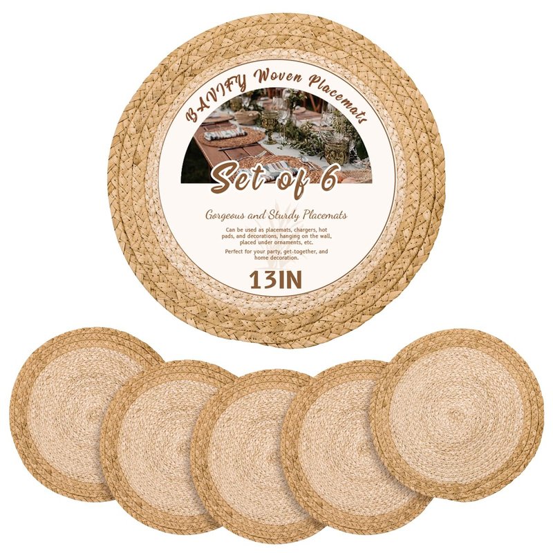 13.8 in Round Boho Placemats Table Mats Set of 8, Farmhouse Rustic Woven Plate Charger for Dinner Plates, Rattan Jute Wicker Braided Place Mats Chargers for Dining Table Decor