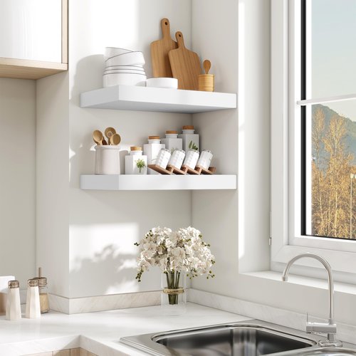 Fun Memories Wood Floating Shelves 16 Inch, 10 Inch Deep Shelves Wall Mount, Wall Shelves with Invisible Bracket, 16" Floating Shelves for Living Room Bathroom Bedroom, White, Set of 2