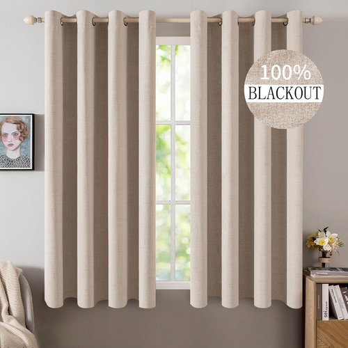 MIULEE Blackout Linen Textured Curtains - Thermal Insulated Natural Beige Drapes | 52 x 45 Inch (2 Panels)