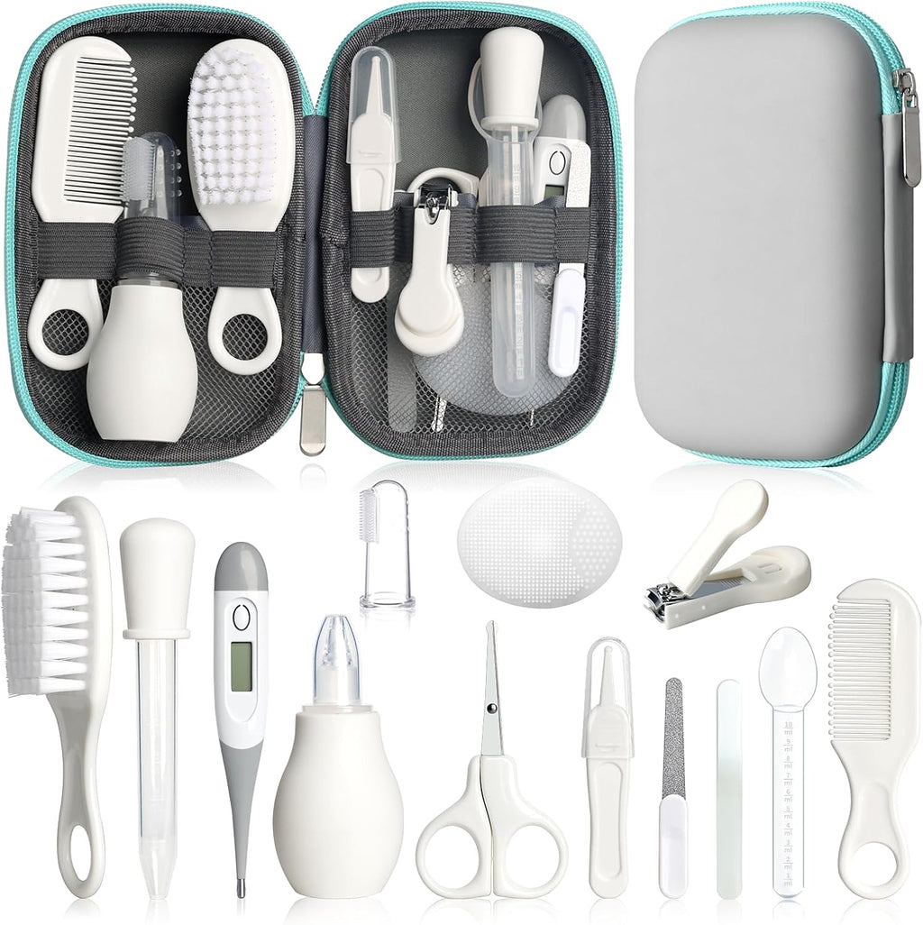 Skiennix Baby Grooming Kit - Infant Safety Care Set with Brush, Comb, Nail Clipper & Aspirator | Grey & White