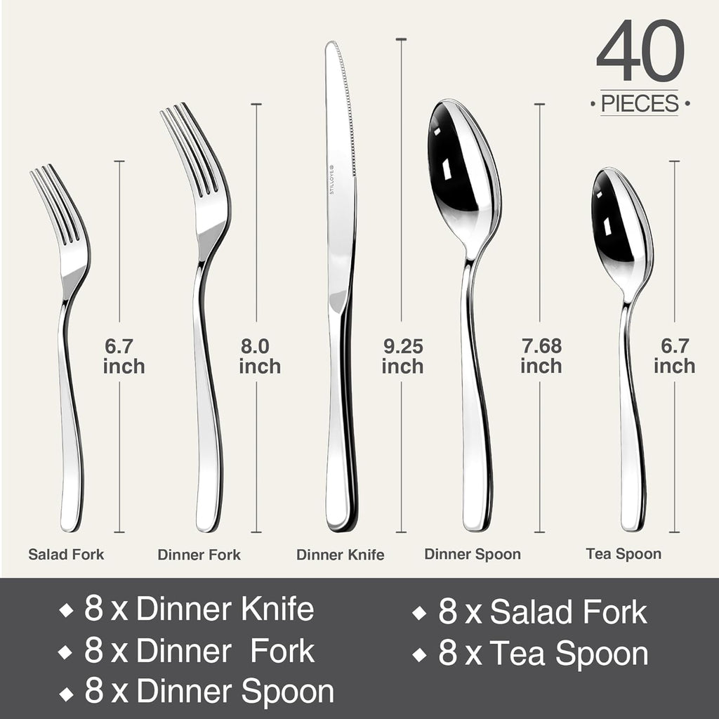 Regine Switzerland 40-Piece Silverware Set for 8 | 18/10 Stainless Steel, Mirror Polished, Dishwasher Safe