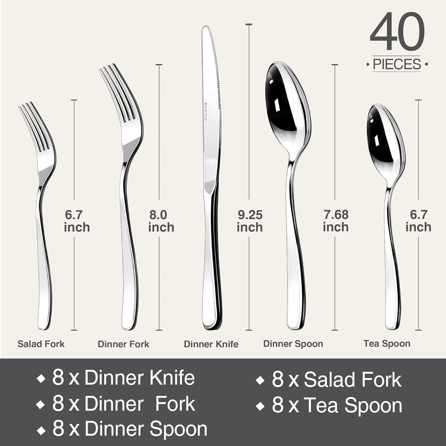Regine Switzerland 40-Piece Silverware Set for 8 | 18/10 Stainless Steel, Mirror Polished, Dishwasher Safe