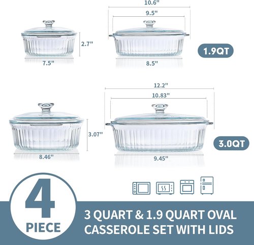 MCIRCO 4-Piece Glass Casserole Baking Dish Set - Includes 1.9 Qt & 3 Qt Dishes With Lids
