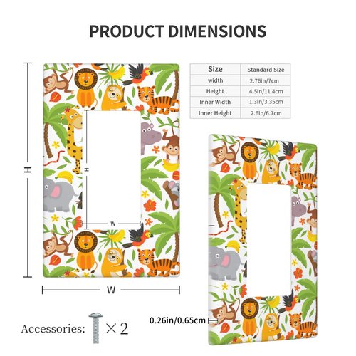 Jungle Animals 1-Gang Rocker Wall Plate Cover,Decorative Single Rocker Decorator Light Switch Cover For Kids Teens Boys Girls Room Decor 4.50" X 2.76"Inch