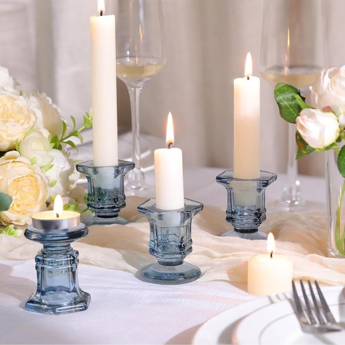 Blue Candlestick Holders - 12 Pcs Glass Candle Holders Set | Crystal Taper Candle Holders for Weddings & Home Decor