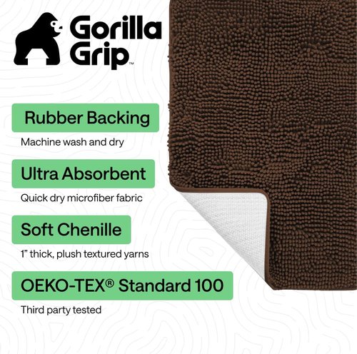 GORILLA GRIP Bath Rug Mat - Soft Absorbent Chenille | Quick Dry Microfiber, 60x24, Brown
