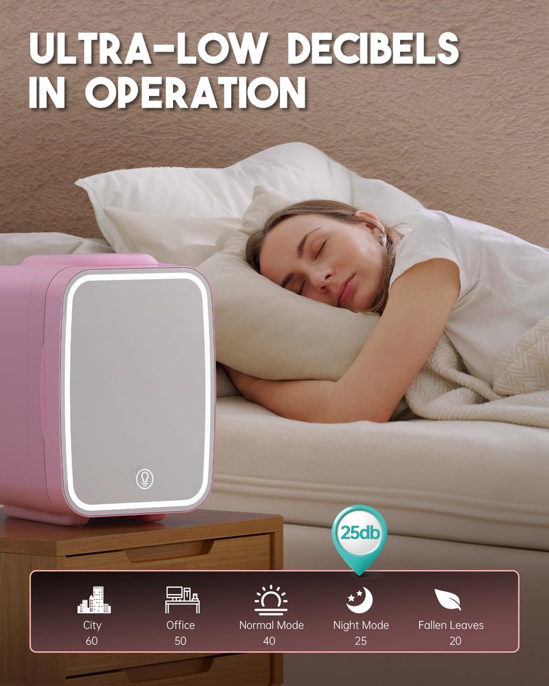 BEICHEN Skincare Fridge with Dimmable LED Light Mirror,4 Liter/6 Can Mini Fridge Skincare for Bedroom,Office, Car, Dorm,Cooler and Warmer, Portable Mini Fridge for Skin Care, Cosmetics, Food,Pink