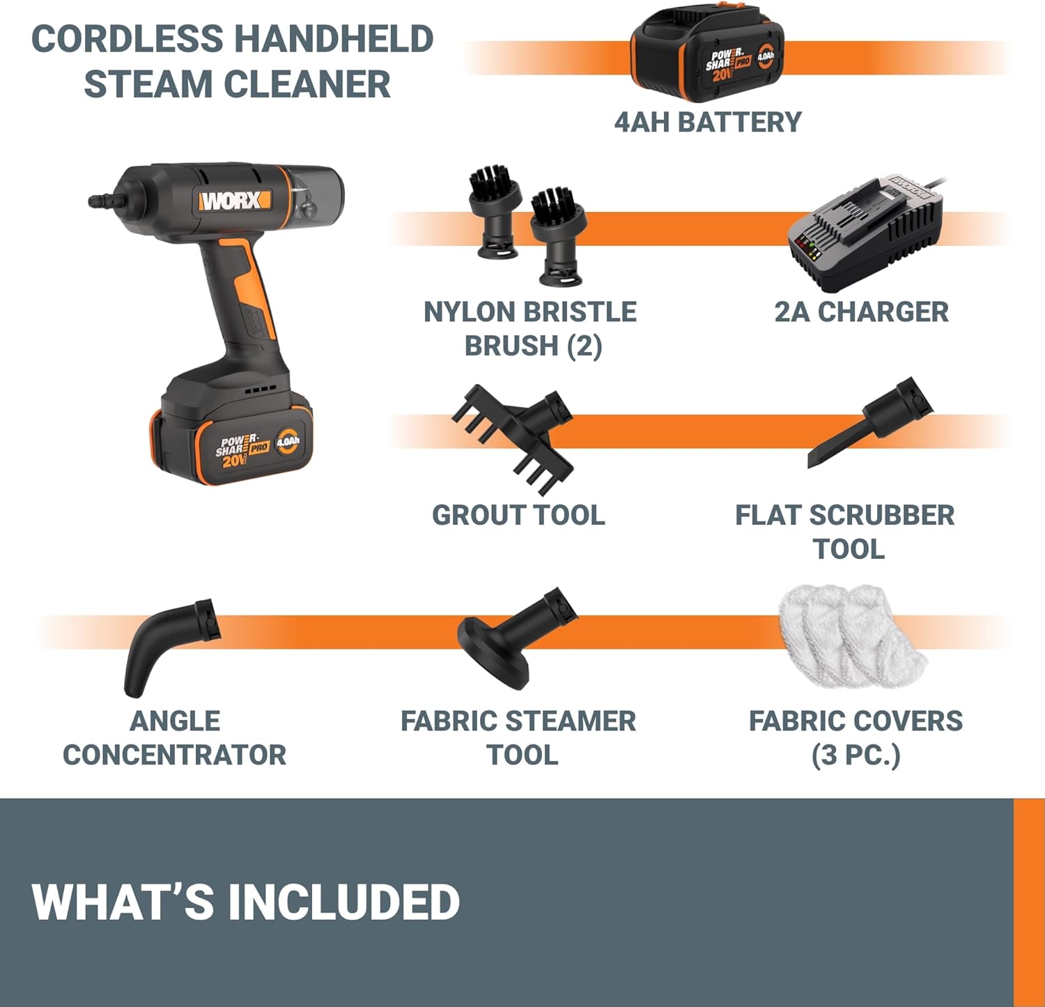 Worx 20V SteamStorm Cordless Handheld Steam Cleaner - Lightweight & Portable with 8-Second Preheat | Includes Accessories