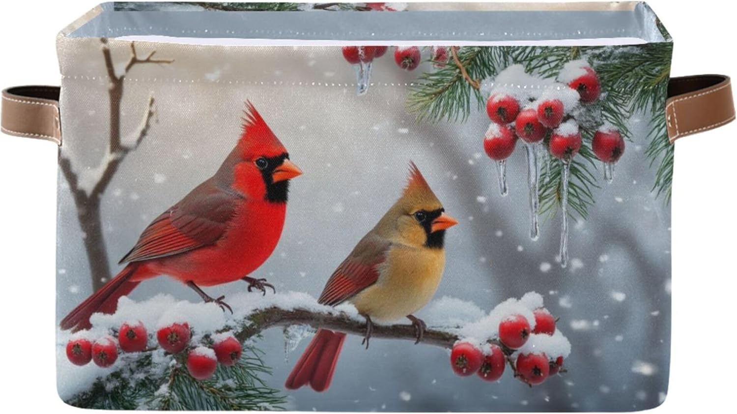 Winter Cardinal Birds Fabric Laundry Basket - Stylish Snow Storage Organizer for Baby Clothes & Toys | 16x12x8