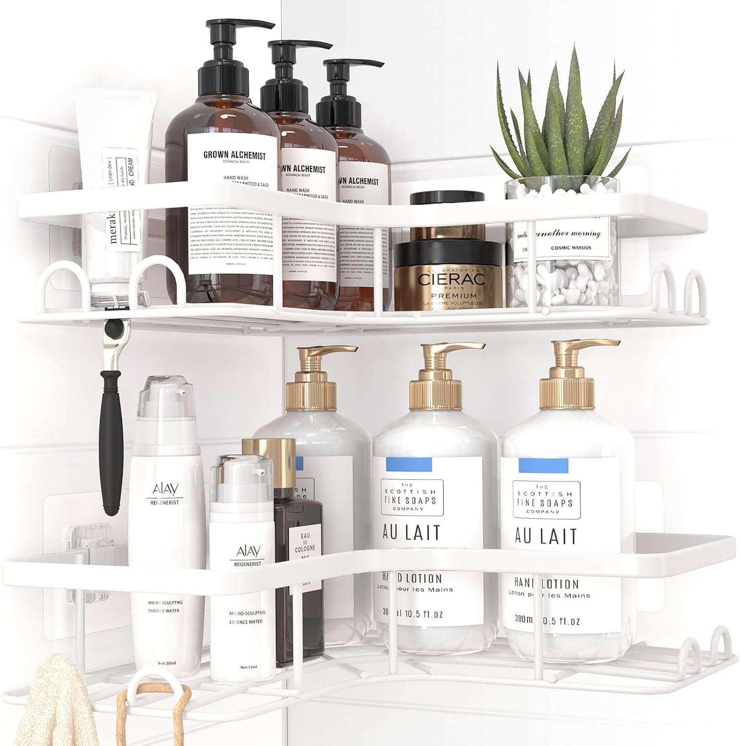 Sakugi Corner Shower Caddy - Rustproof Stainless Steel Organizers with 8 Hooks | No-Drill, Space-Saving, Large, White - 2 Pack