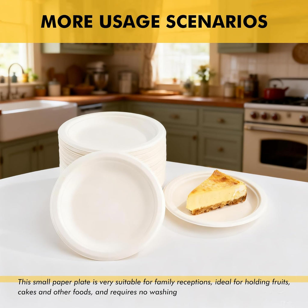 RACETOP Compostable Small Paper Plates - 6 Inch Biodegradable Dessert Plates | 100 Pack, Heavy Duty, Unbleached White