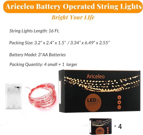 Ariceleo LED Fairy Lights - Battery Operated Copper Wire String Lights | 5m/16ft Red for Bedroom, Parties, Weddings