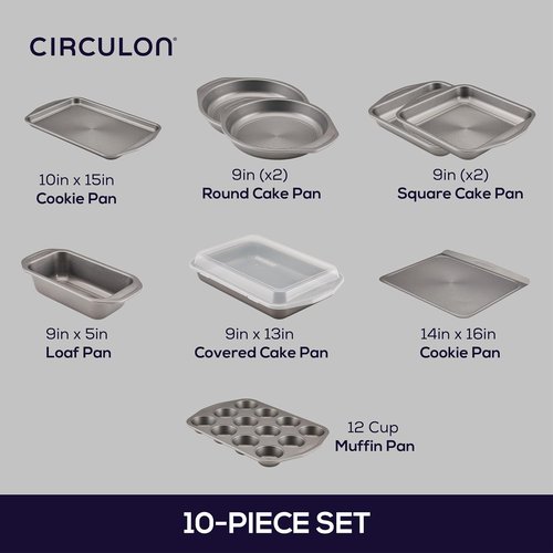 Circulon Total Nonstick Bakeware Set - 10-Piece Metal Baking Pans in Gray for Effortless Baking