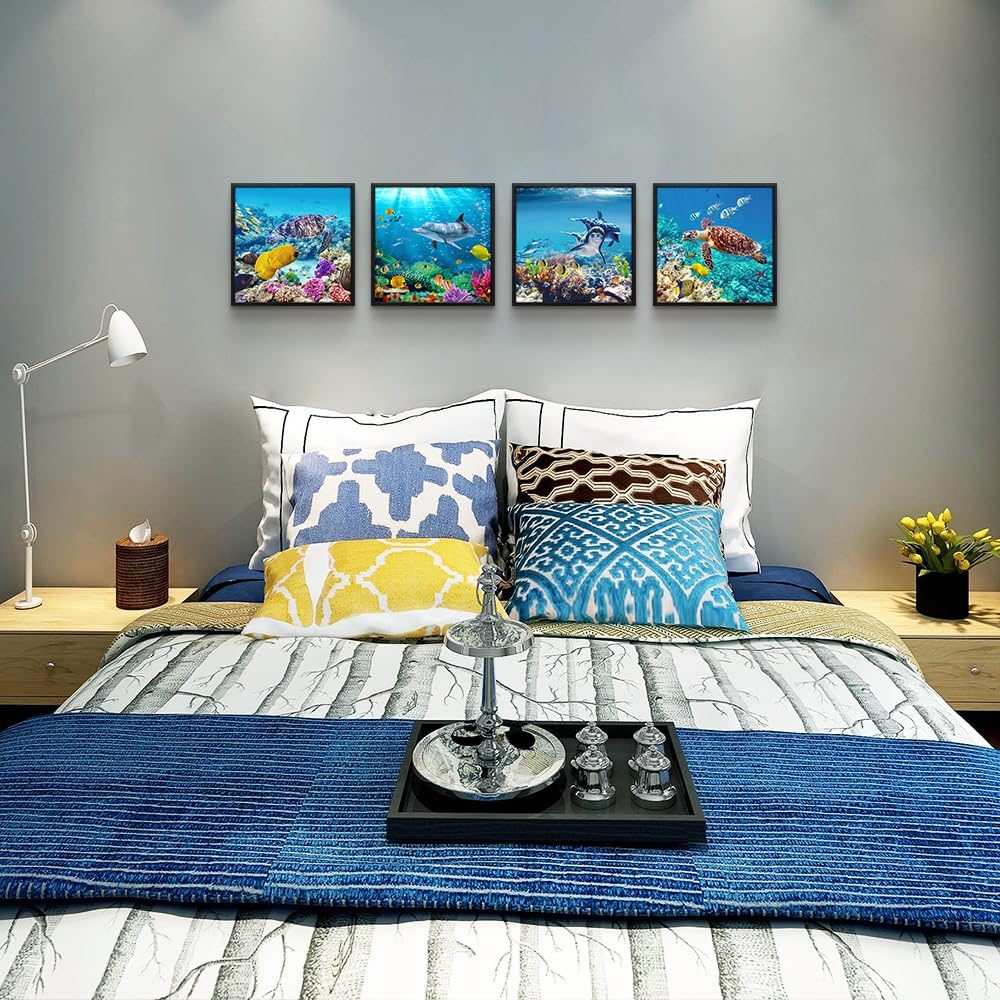Set Of 4 Piece Black Framed Wall Art For Living Room Family Bedroom Wall Pictures Artwork Bathroom Wall Decor Coral Sea Fish And Turtles Blue Ocean Theme Painting Ready to Hang Modern Home Decor