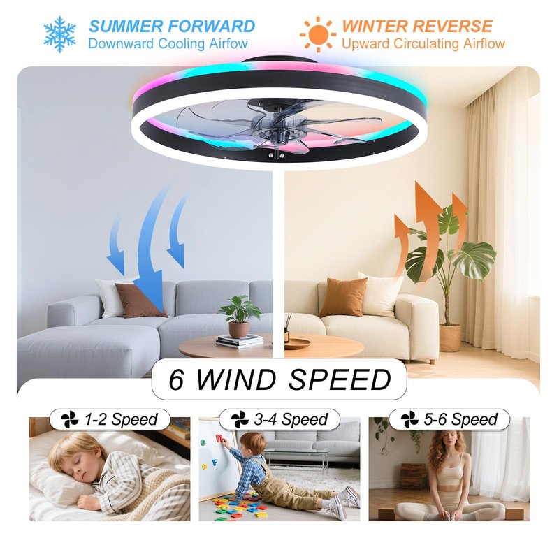 ORITHAM RGB Ceiling Fans with Lights, 16" Fandelier Low Profile Ceiling Fan with Light, Modern Flush Mount Ceiling Fan Light with Remote/APP Control, Bedroom Chandelier Fan Fixture for Indoor(Black)