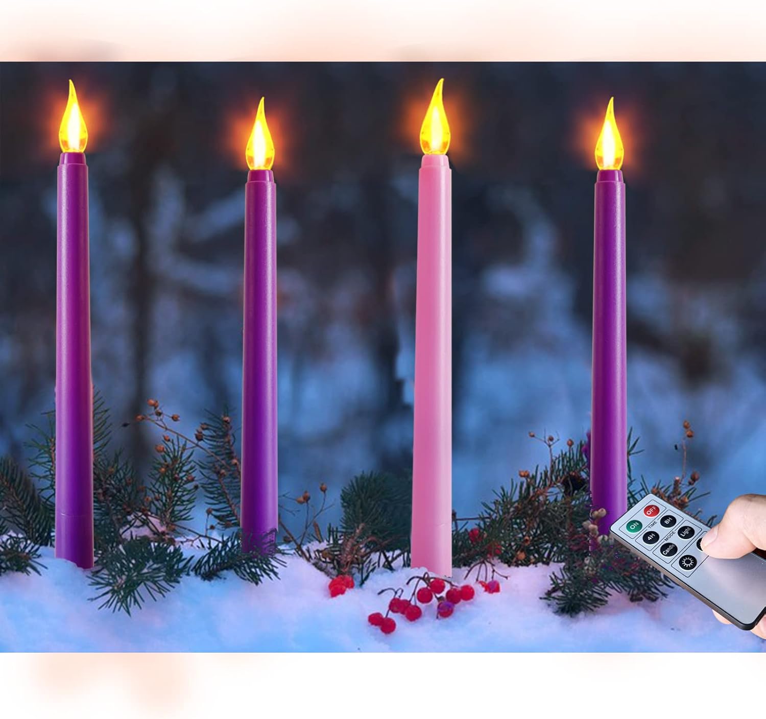 Regine Switzerland Flameless Taper Candles - Set of 4 Battery Operated Flickering Candles in 3 Purple & 1 Pink