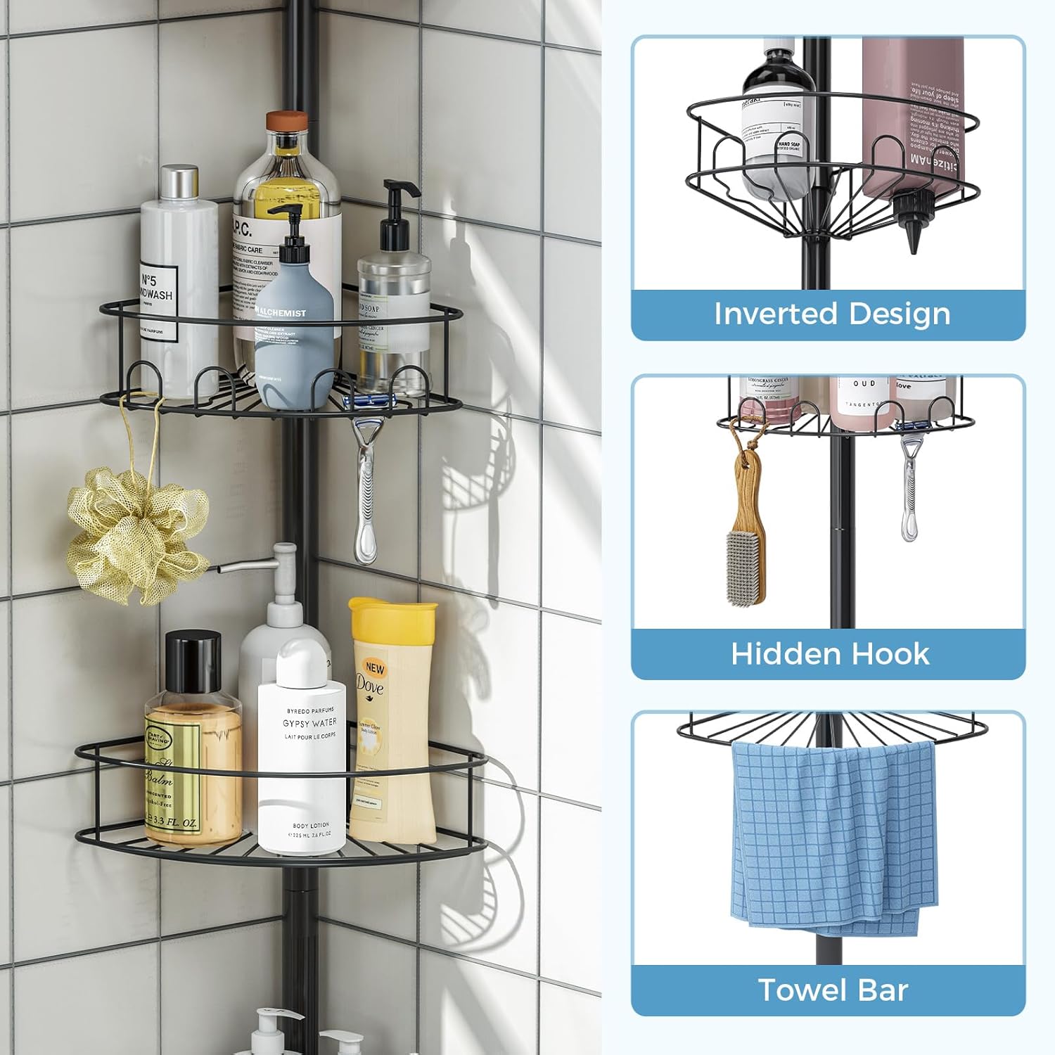 Skiennix Corner Shower Caddy - 4 Tier Adjustable Bathroom Organizer with Hidden Hook & Towel Holder | 63.7-119 Inch, Black