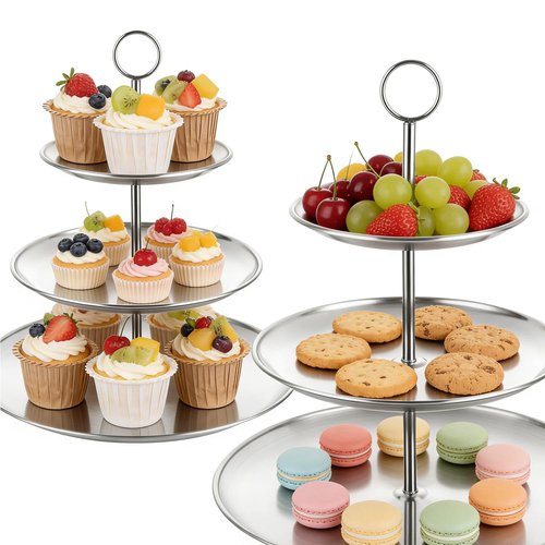 DNVOTRES 2PCS Silver Cupcake Stand 3 Tiered Dessert Stand Stainless Steel Cupcake Display Stand Party Serving Trays Silver Cake Holder for Holiday Dessert Table Decorations Birthday Wedding