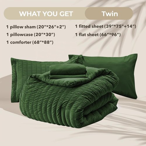 HYMOKEGE Twin Comforter Set - Dark Green Seersucker Luxury Bedding | 5-Piece All-Season Bed in a Bag