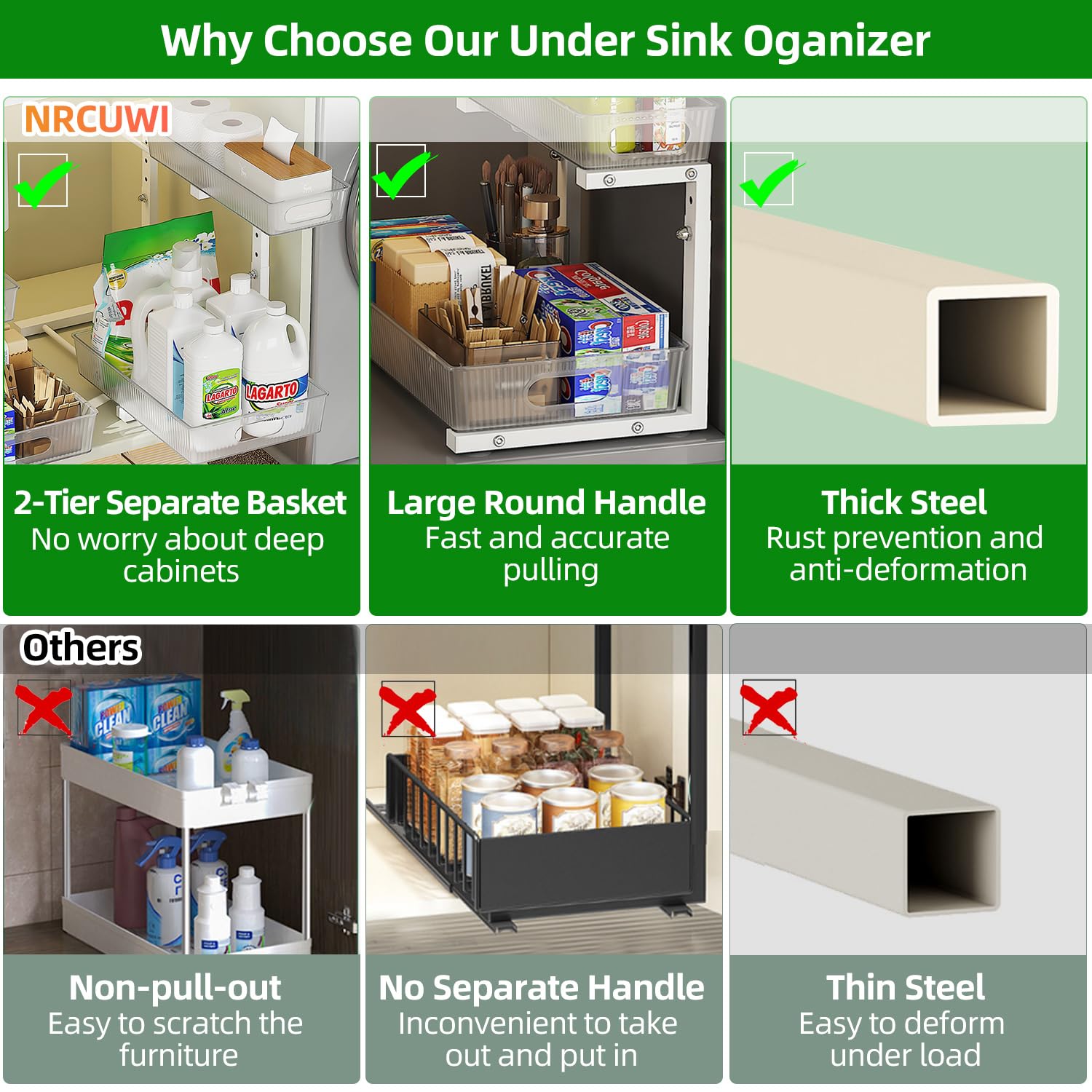 NRCUWI 2 Pack Under Sink Organizer, Pull Out Cabinet Organizer 2 Tier Slide Out, Under Sink Organizers and Storage Height Adjustable for Kitchen Bathroom Cabinet, Metal