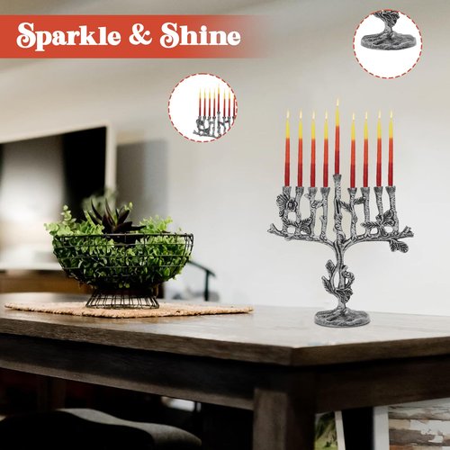 Majestic Giftware Aluminum Nickel Plated Chanukah Candles Menorah – Silver Tree (MN735) | Fits Standard Chanukah Candles | Durable & Long-Lasting Quality | Hanukkah Menorah - 10” High