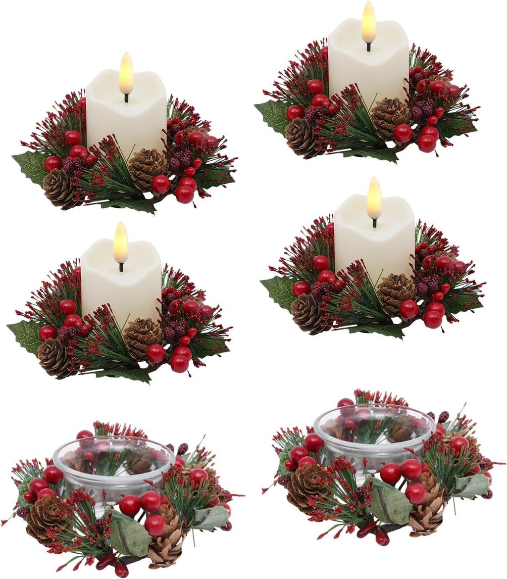Regine Switzerland Candle Rings Set of 6 - Festive Wreaths with Red Berries & Pinecones for Christmas Decor