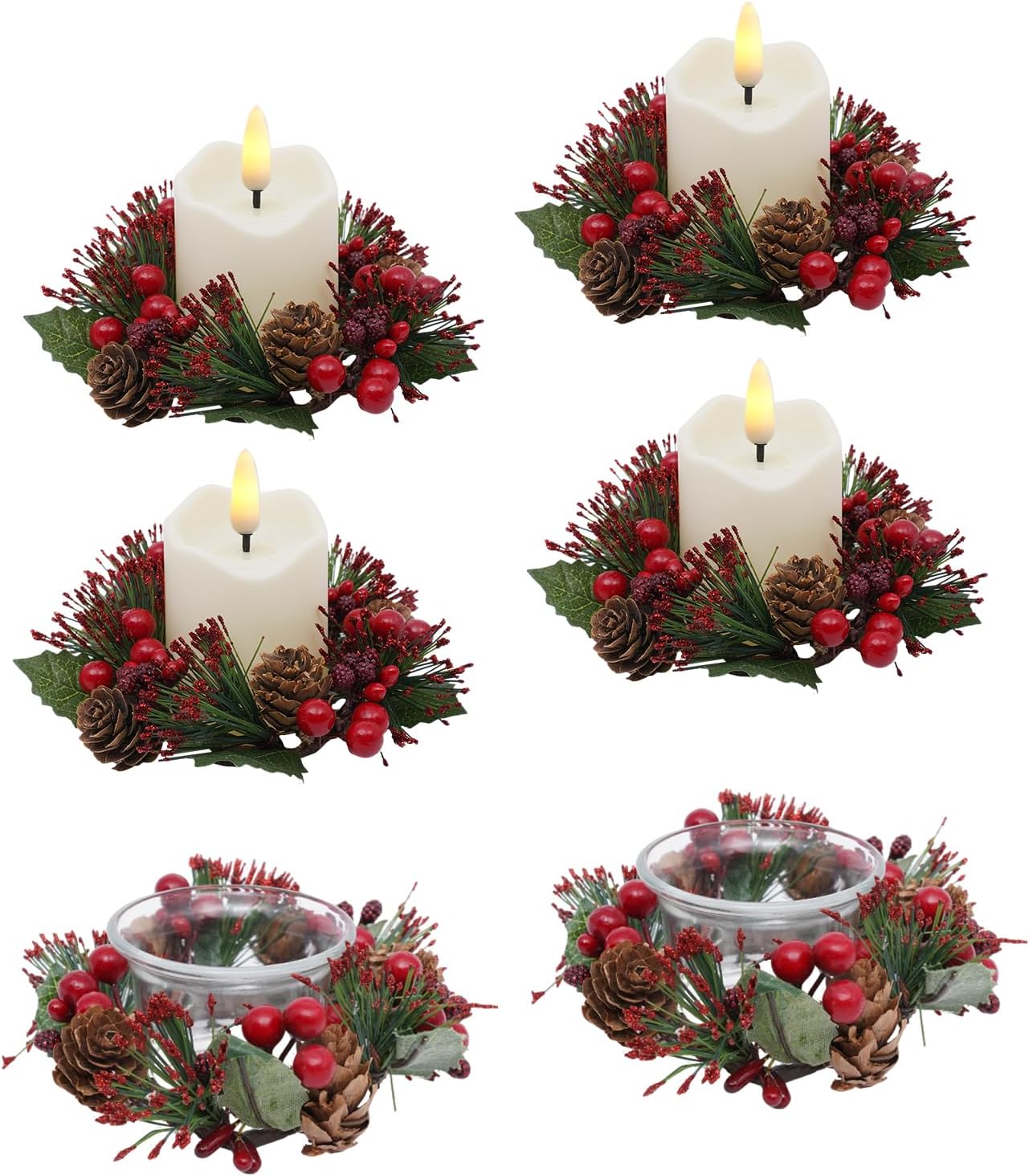 Regine Switzerland Candle Rings Set of 6 - Festive Wreaths with Red Berries & Pinecones for Christmas Decor