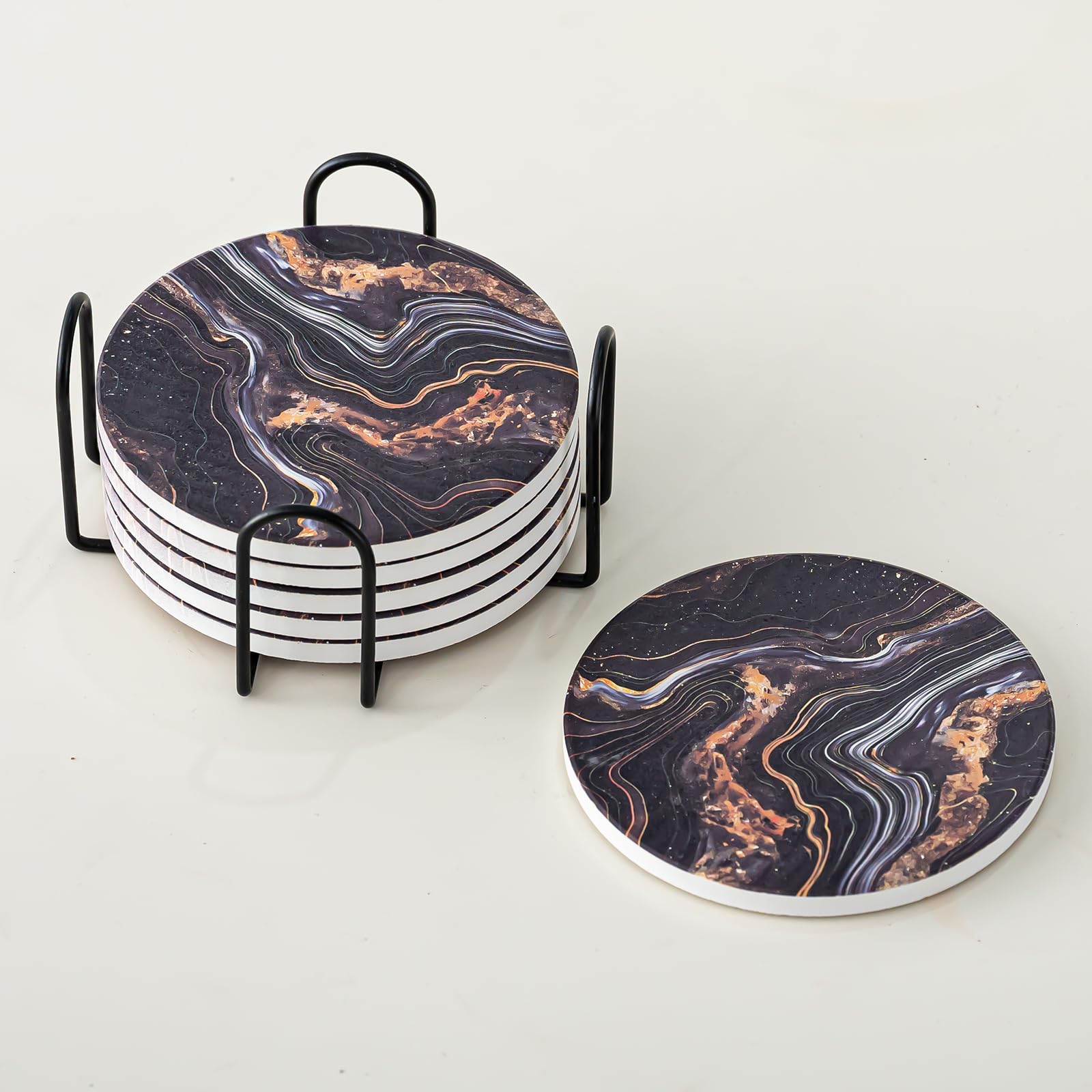 Kedested Ceramic Drink Coasters Set of 6 with Holder, Modern Marble Absorbent Ceramic Coasters, Round Ceramic Table Coasters for Home Decor Coffee Kitchen (4 Inches), Black