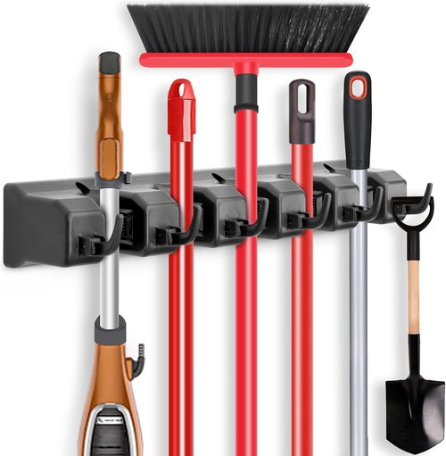 IMILLET Mop and Broom Holder - Wall Mounted Organizer with 5 Ball Slots & 6 Hooks | Black Storage Solution
