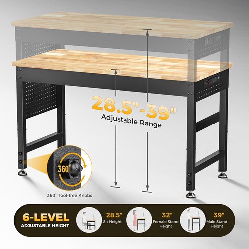 CAMMOO Adjustable Heavy Duty Workbench - 2000 LBS Capacity Rubber Wood Table with Pegboard & Power Outlets | Ideal for Garage, Workshop, Office, Home