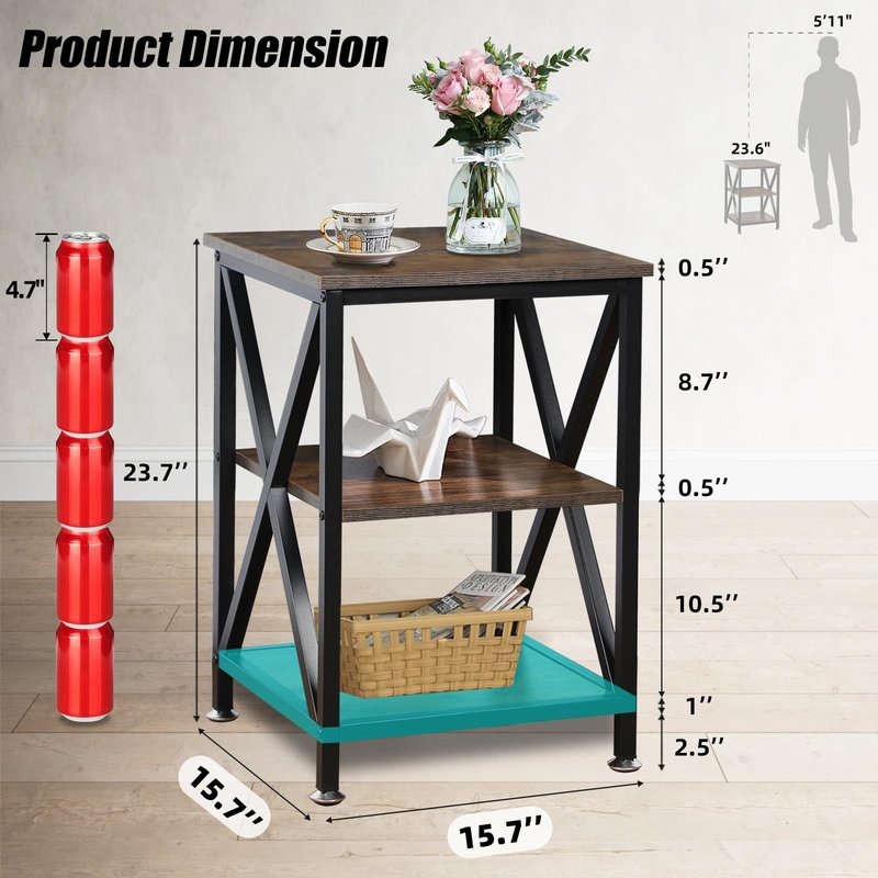 TooCust Square End Table with Storage Shelf, 16" D X 16" W X 24" H, 3-Tier End Table Living Room, Rustic Brown End Tables, X-Shaped Night Stand for Bedroom, Farmhouse Wood End Tables