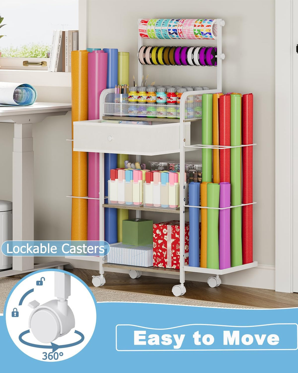 Rsaayekkt Wrapping Paper Storage Cart - Rolling Gift Wrap Station with Fabric Drawer & Ribbon Holder