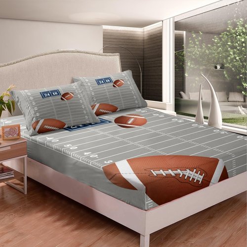 jejeloiu Football Sheet Set Queen Size Kids Rugby Sheets with Deep Pocket Fitted Sheet for Boys Girls Teens Football Bed Sheets Set Breathable Sports Theme Bedding Set Room Decor
