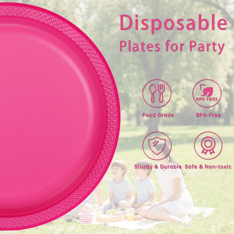 WELLIFE Hot Pink Plastic Plates 10 Inch 50 Count Disposable Plate for Party, Large Big Plates for Dinner Party Supplies Birthday Camping BBQ