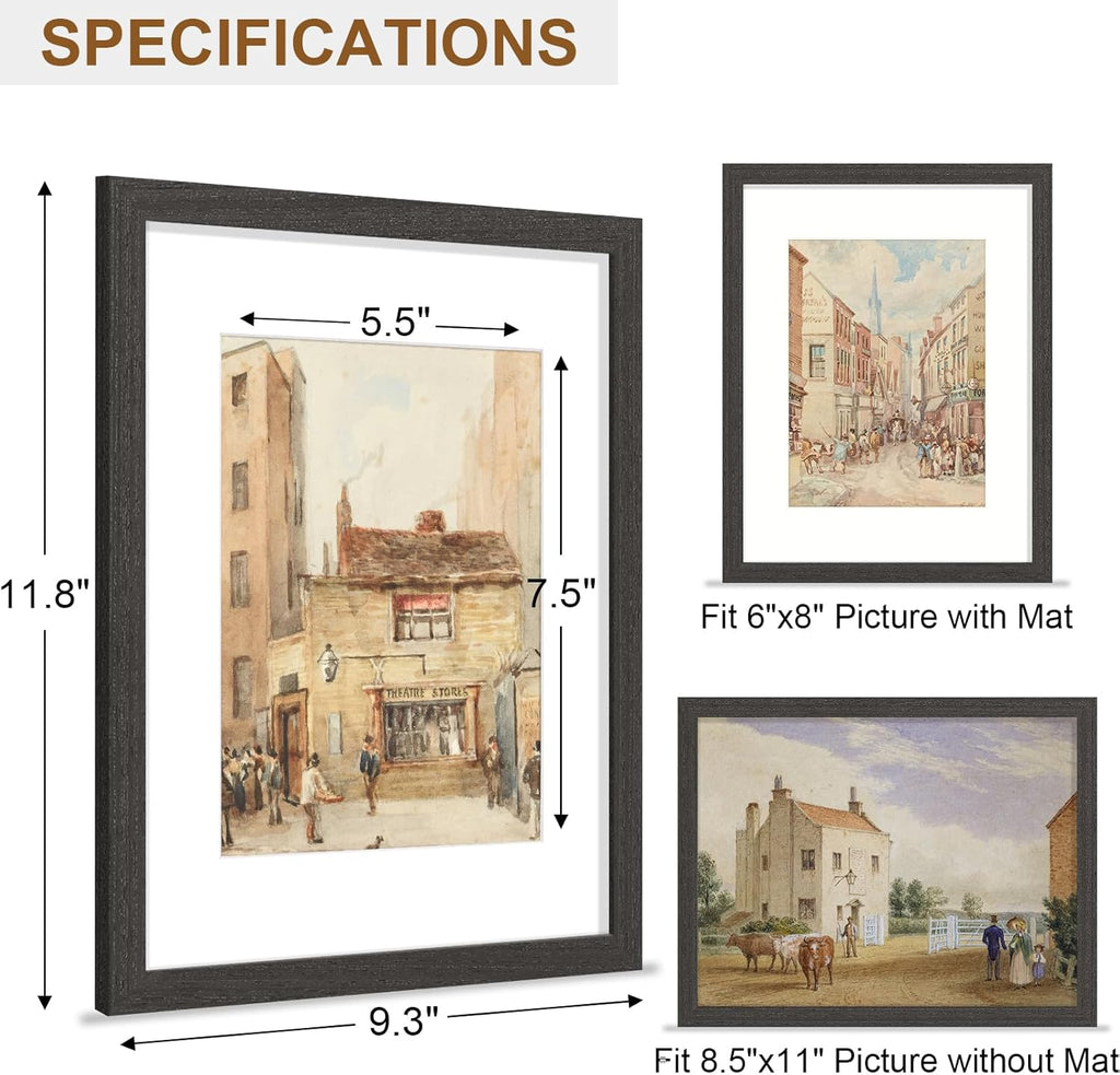 Vittanly Solid Wood Picture Frame - 8.5x11 with Plexiglass & 6x8 Mat | Charcoal Black, Wall Hanging or Tabletop